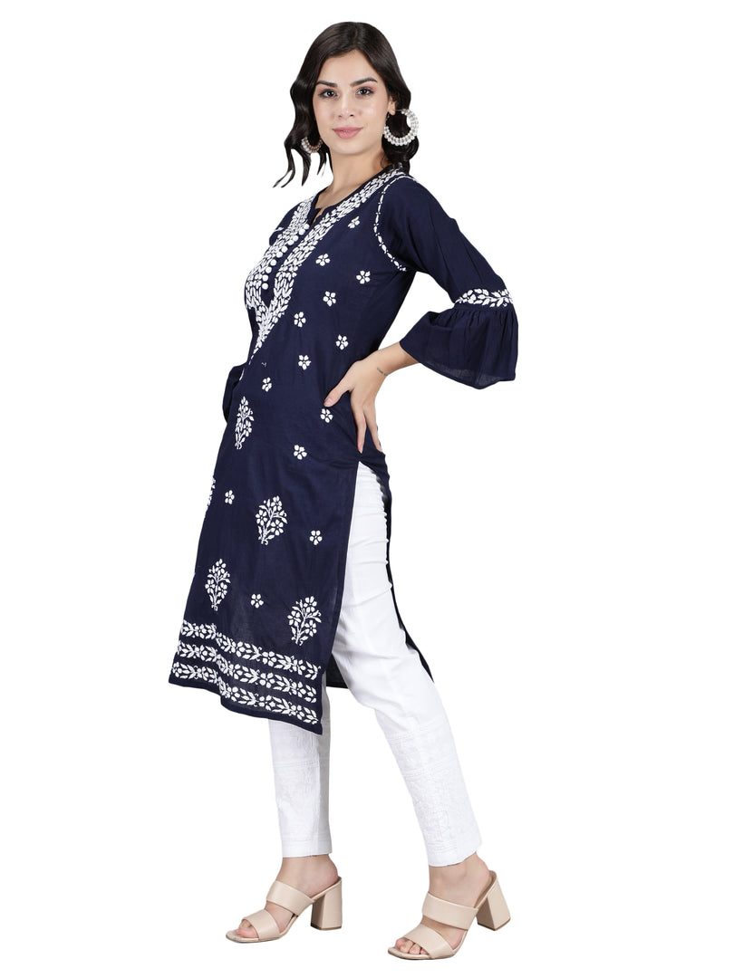 Seva Chikan Hand Embroidered Navy Blue Cotton Kurta With Pant-SCL8010