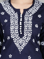 Load image into Gallery viewer, Seva Chikan Hand Embroidered Navy Blue Cotton Kurta With Pant-SCL8010