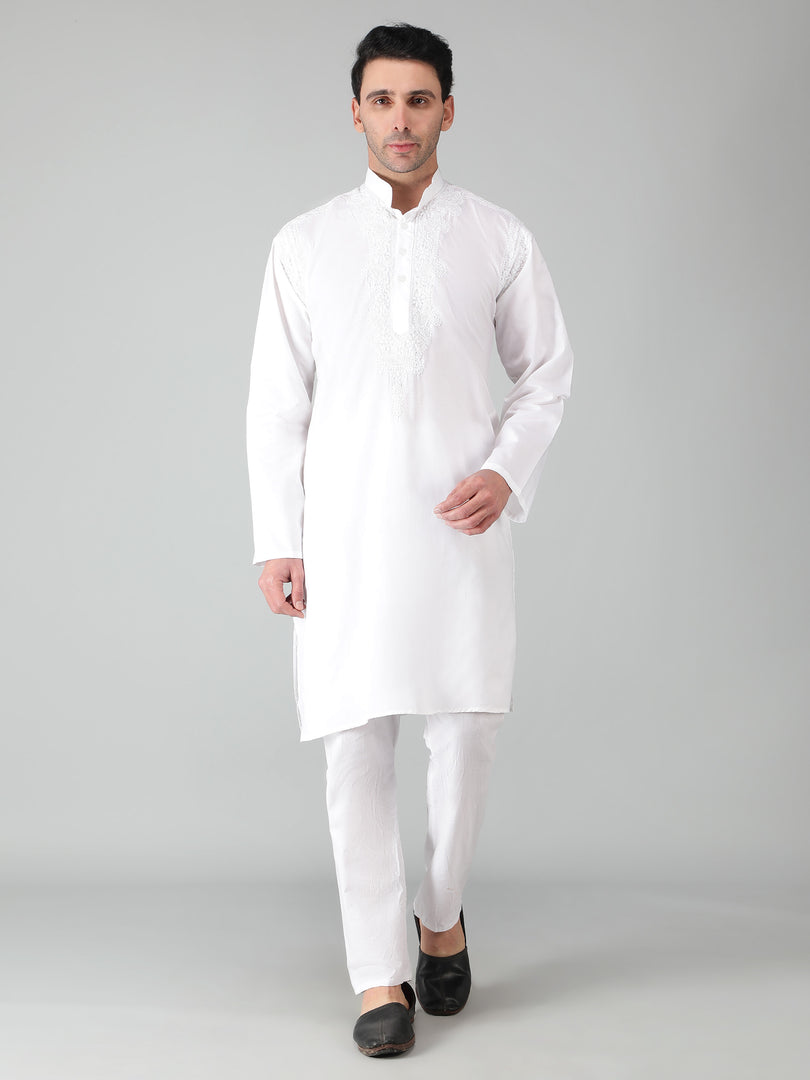 Seva Chikan Hand Embroidered White Cotton Lucknowi Chikan Mens Stitched Kurta-SCL15057