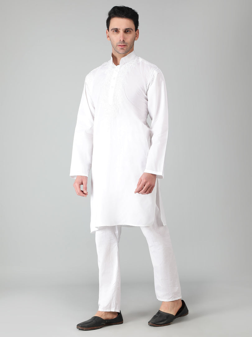 Seva Chikan Hand Embroidered White Cotton Lucknowi Chikan Mens Stitched Kurta-SCL15057