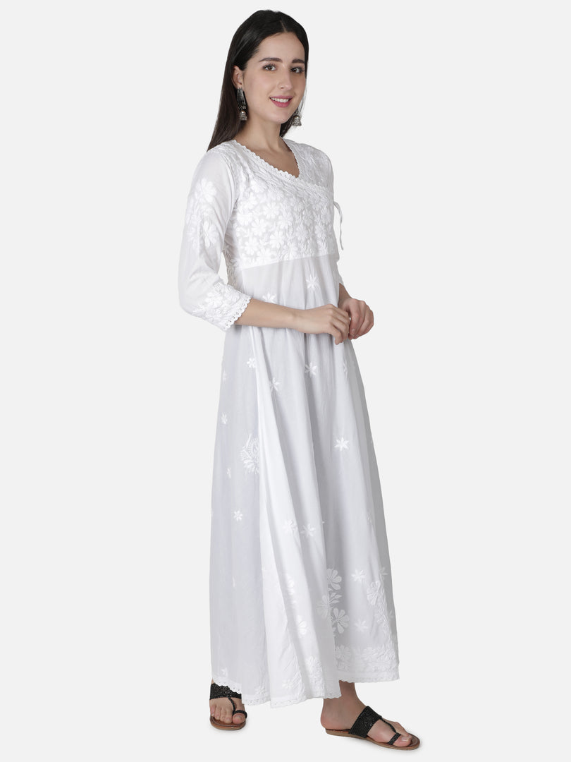 Seva Chikan Hand Embroidered White Cotton Lucknowi Chikankari Anarkali Gown-SCL4024