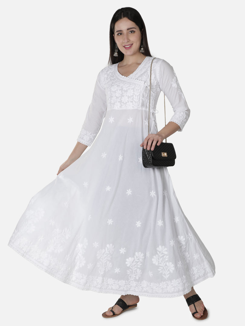 Seva Chikan Hand Embroidered White Cotton Lucknowi Chikankari Anarkali Gown-SCL4024