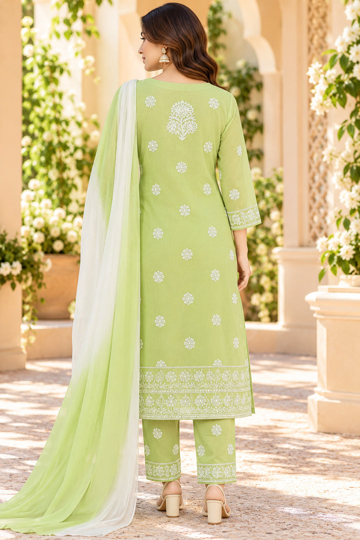 Seva Chikan Hand Embroidered Light Green Cotton Lucknowi Chikankari Unstitched Suit Piece-SEV15032