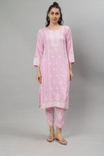 Load image into Gallery viewer, Seva Chikan Hand Embroidered Pink Rayon Lucknowi Chikankari Kurta Set
