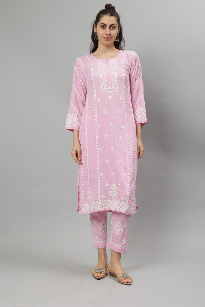 Seva Chikan Hand Embroidered Pink Rayon Lucknowi Chikankari Kurta Set