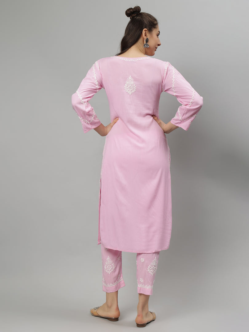 Seva Chikan Hand Embroidered Pink Rayon Lucknowi Chikankari Kurta Set