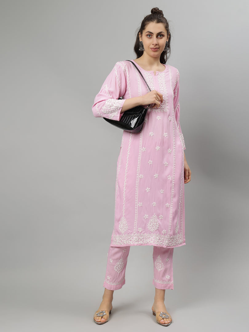 Seva Chikan Hand Embroidered Pink Rayon Lucknowi Chikankari Kurta Set