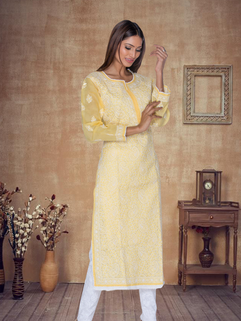 Seva Chikan Hand Embroidered Yellow Cotton Lucknowi Chikan Kurti SCL1075