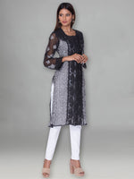 Load image into Gallery viewer, Seva Chikan Hand Embroidered Black Faux Georgette Lucknowi Chikankari Kurta-SCL0962