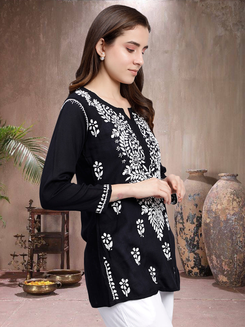Seva Chikan Hand Embroidered Black Modal Lucknowi Chikankari Top SCL9108