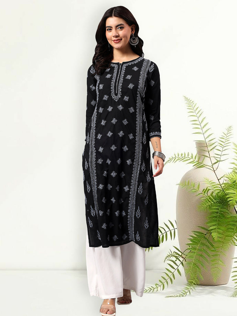 Seva Chikan Hand Embroidered Lucknowi Chikankari Black & Grey Cotton Kurta SCL4769
