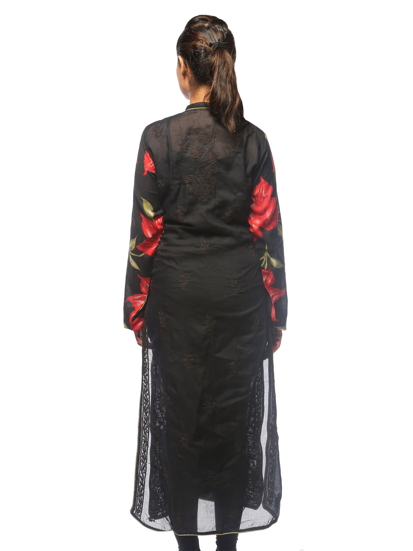 Seva Chikan Hand Embroidered Black Cotton Lucknowi Chikan Kurta-SCL0665