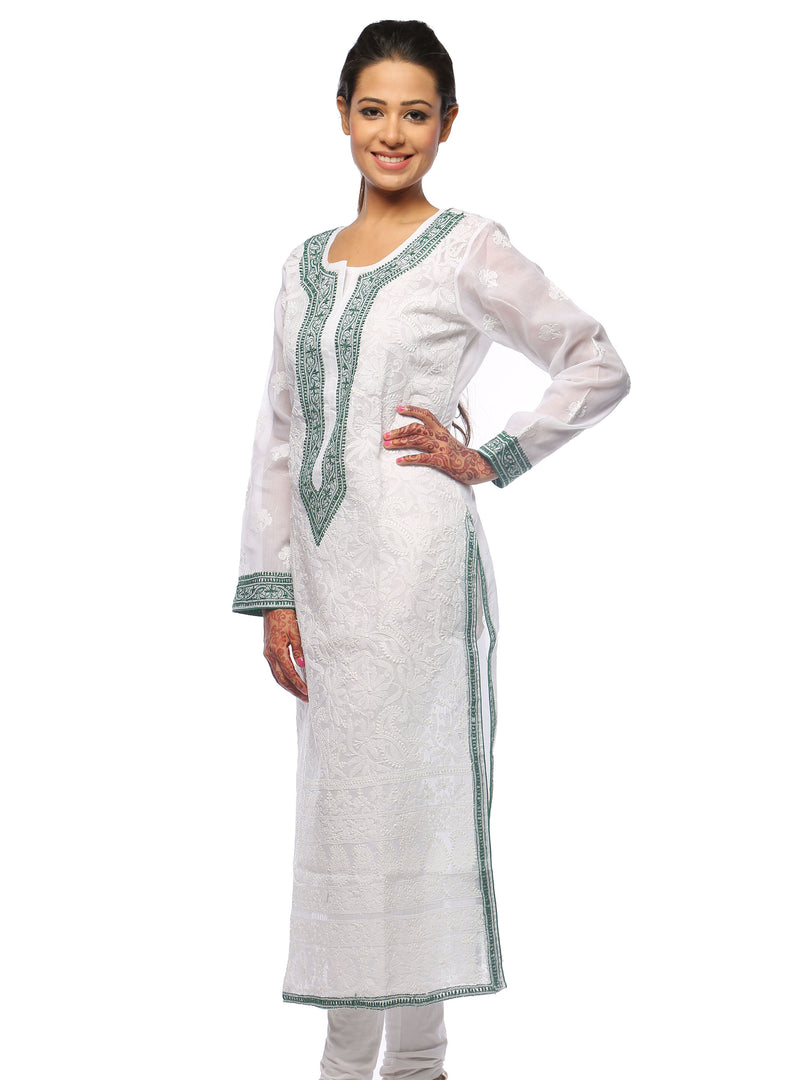 Seva Chikan Hand Embroidered White Cotton Lucknowi Chikan Kurti-SCL0624