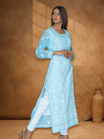 Load image into Gallery viewer, Seva Chikan Hand Embroidered Sky Blue Georgette Lucknowi Chikan Kurti With Muqaish Work SCL1064
