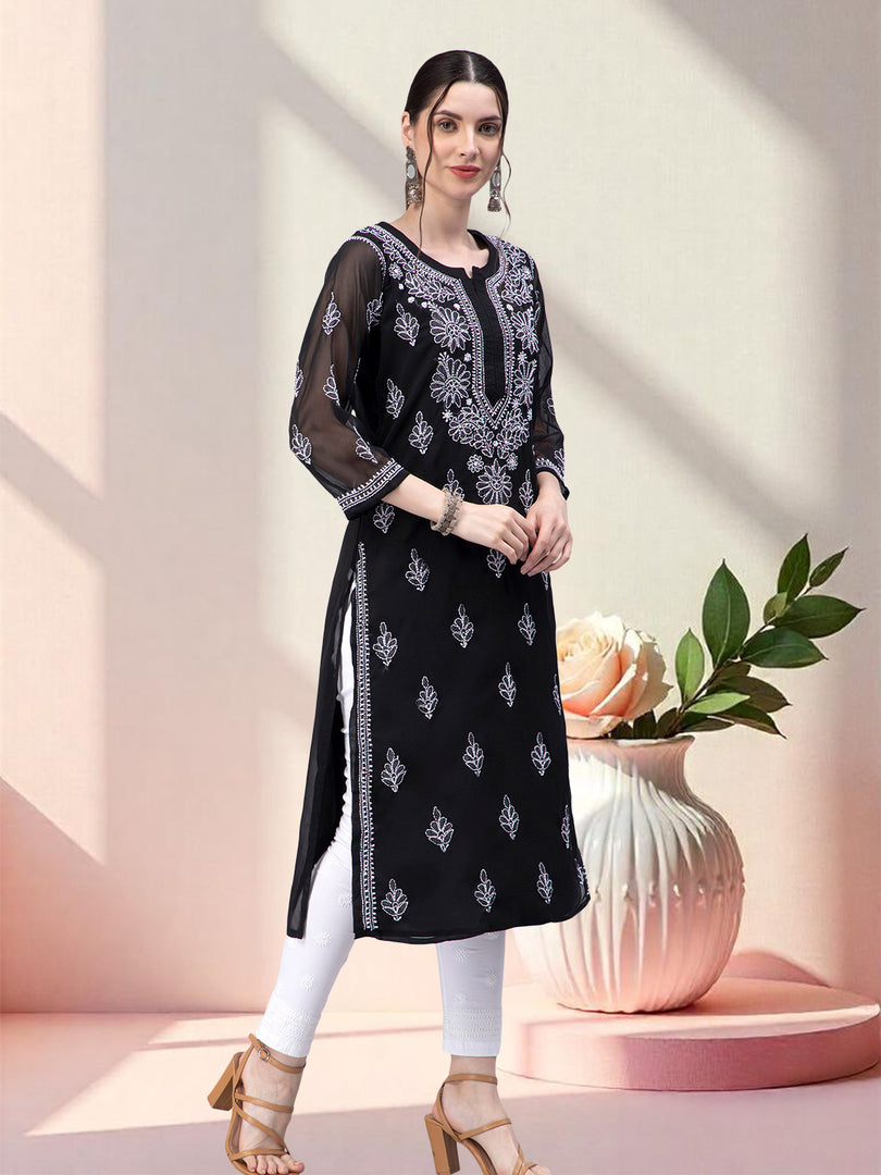 Seva Chikan Hand Embroidered Georgette Chikankari Kurta With Matching Slip