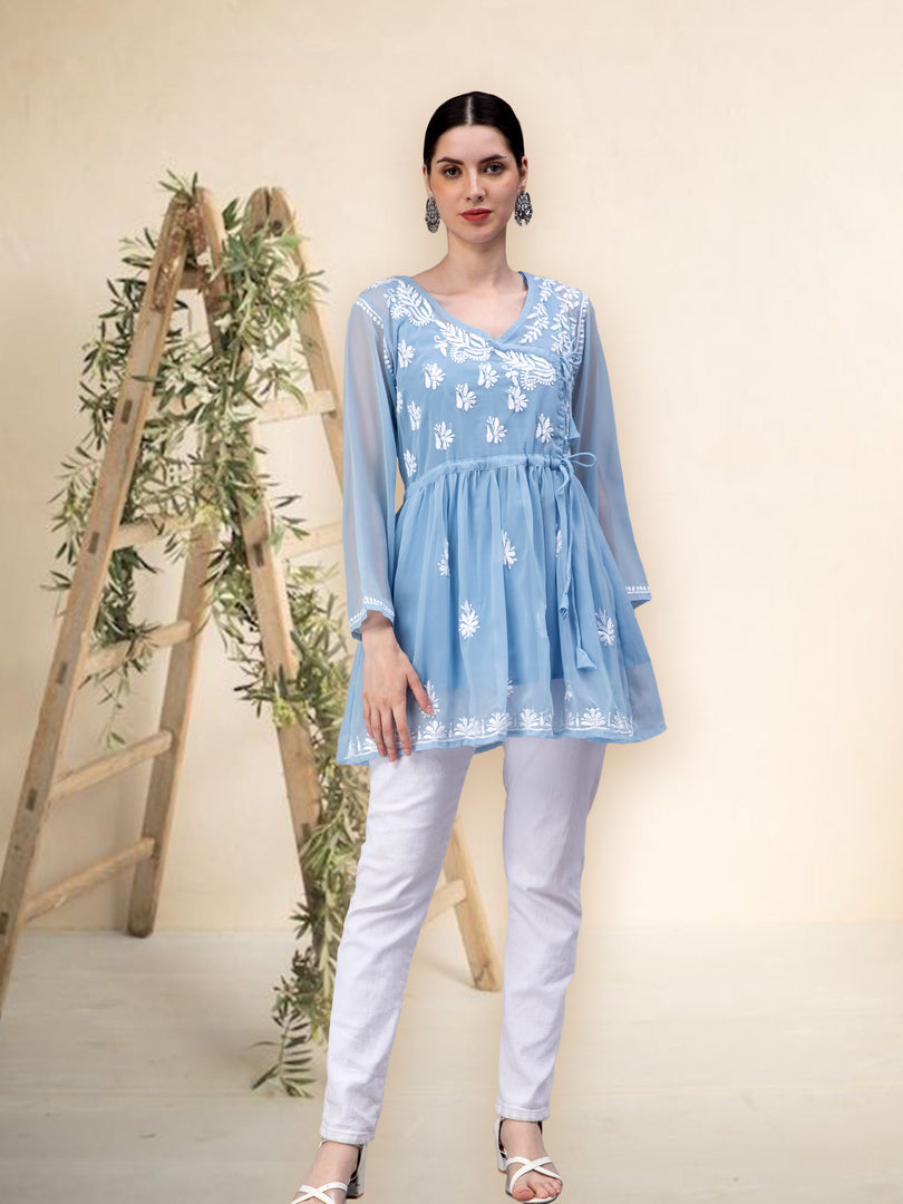 Seva Chikan Hand Embroidered Georgette Lucknowi Chikankari Top With Slip