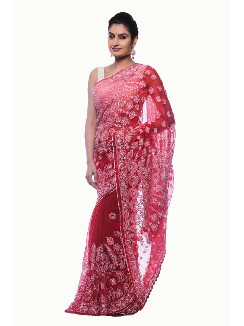 Seva Chikan Hand Embroidered Red Georgette Lucknowi Saree-SCL0412