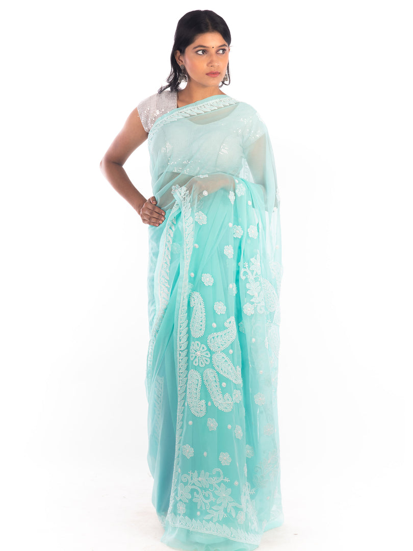 Seva Chikan Hand Embroidered Turquoise Georgette Lucknowi Saree-SCL1169