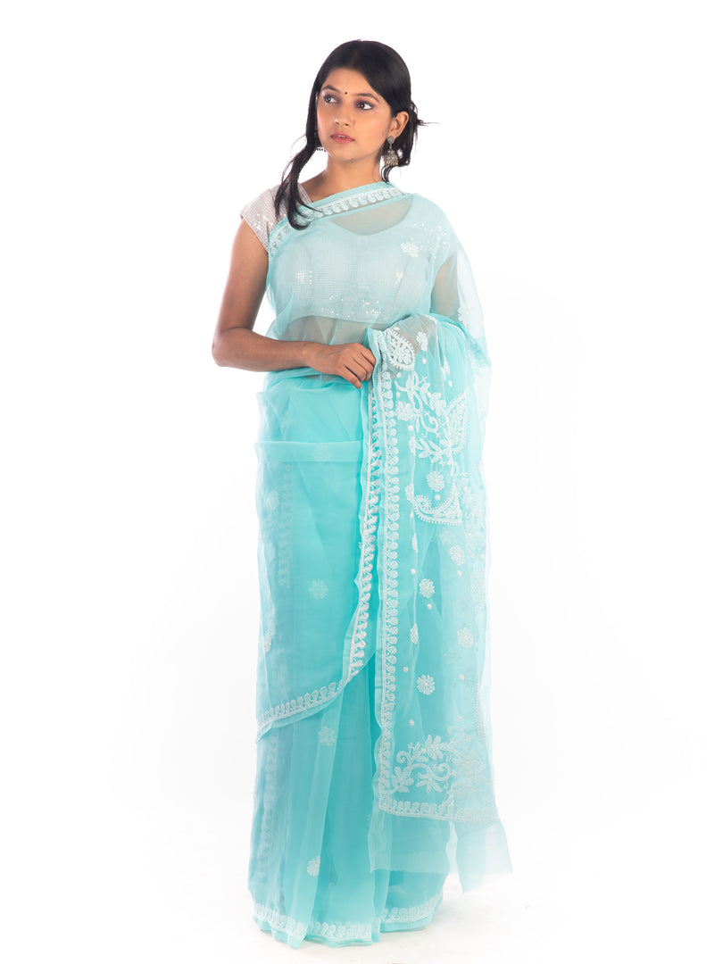 Seva Chikan Hand Embroidered Turquoise Georgette Lucknowi Saree-SCL1166