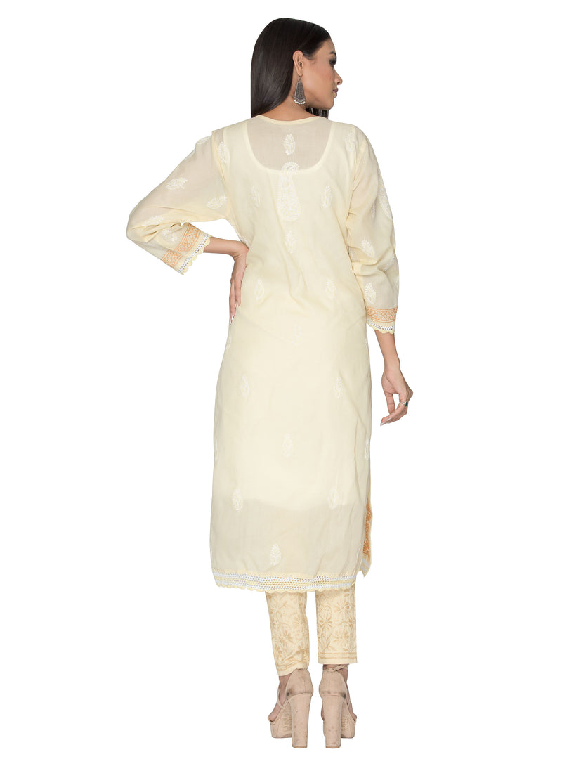 Seva Chikan Hand Embroidered Beige Cotton Lucknowi Chikan Kurta-SCL0907