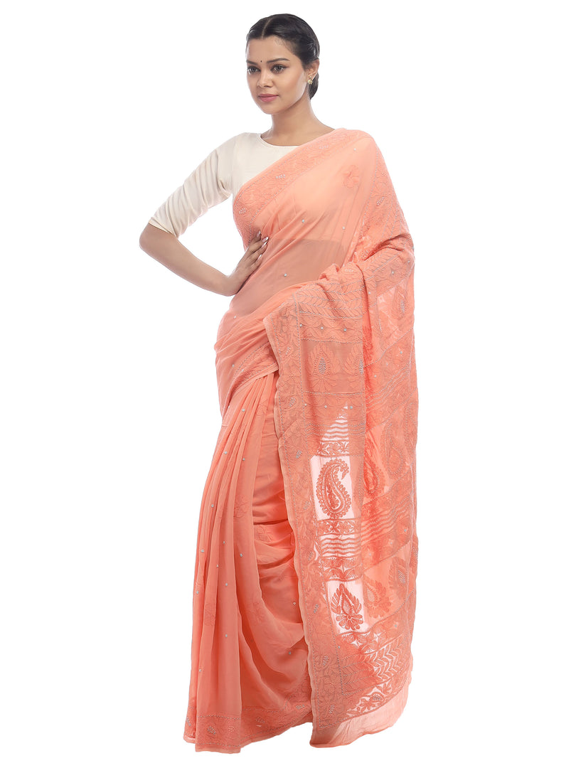 Seva Chikan Hand Embroidered Peach Viscose Georgette Lucknowi Chikan Saree-SCL2344