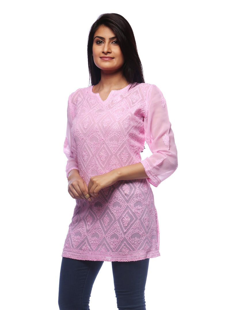 Seva Chikan Hand Embroidered Pink Viscose Georgette Lucknowi Chikankari Short Top-SCL0511