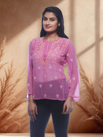 Load image into Gallery viewer, Seva Chikan Hand Embroidered Pink Georgette Lucknowi Chikankari Short Top SCL0163
