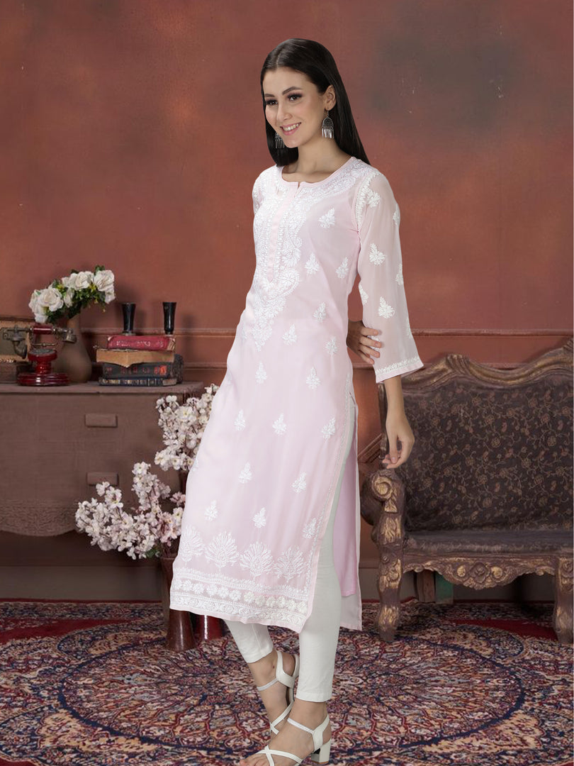 Seva Chikan Hand Embroidered Georgette Lucknowi Chikan Kurti With Slip