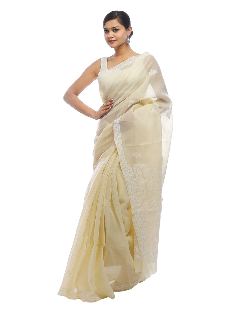Seva Chikan Hand Emboidered Fawn Cotton Lucknowi Saree-SCL2313