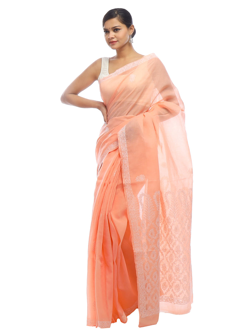 Seva Chikan Hand Embroidered Peach Cotton Lucknowi Saree-SCL2321