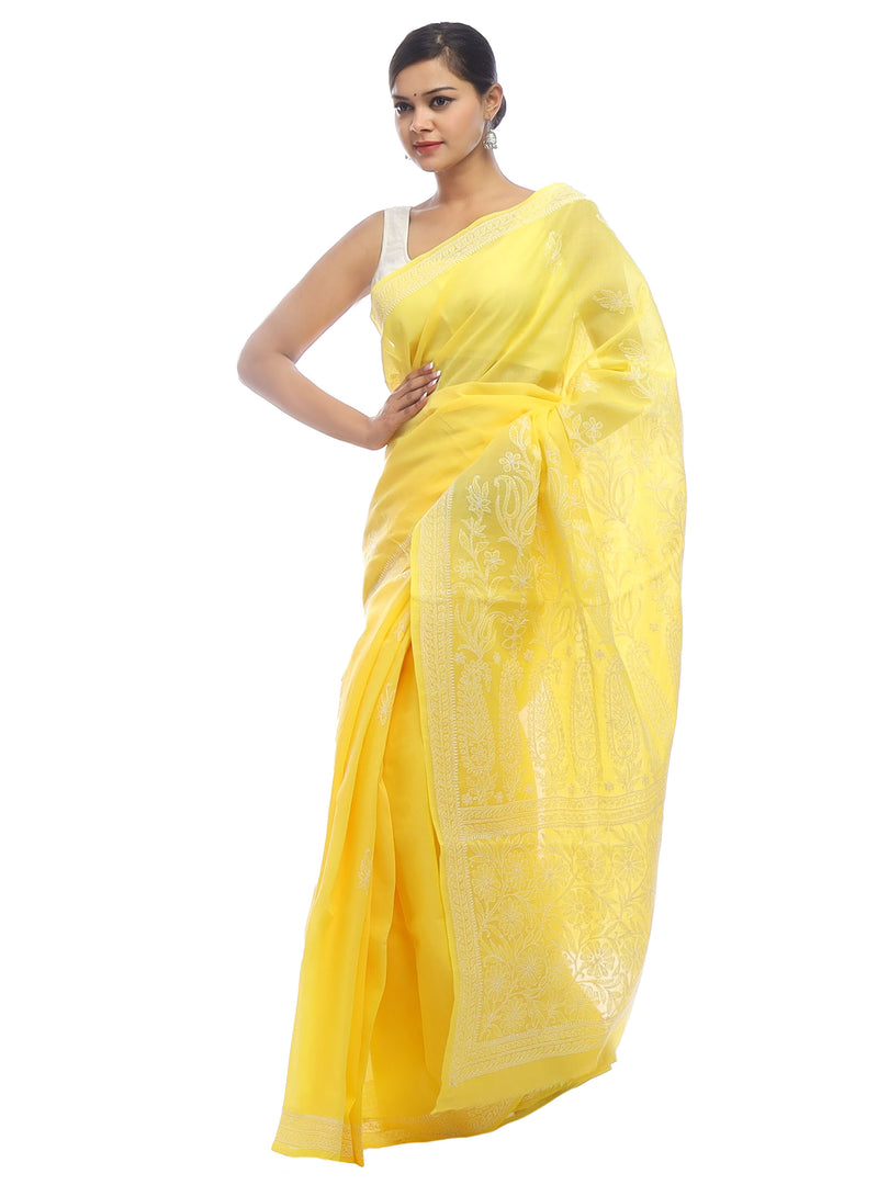 Seva Chikan Hand Embroidered Yellow Cotton Lucknowi Saree-SCL2324