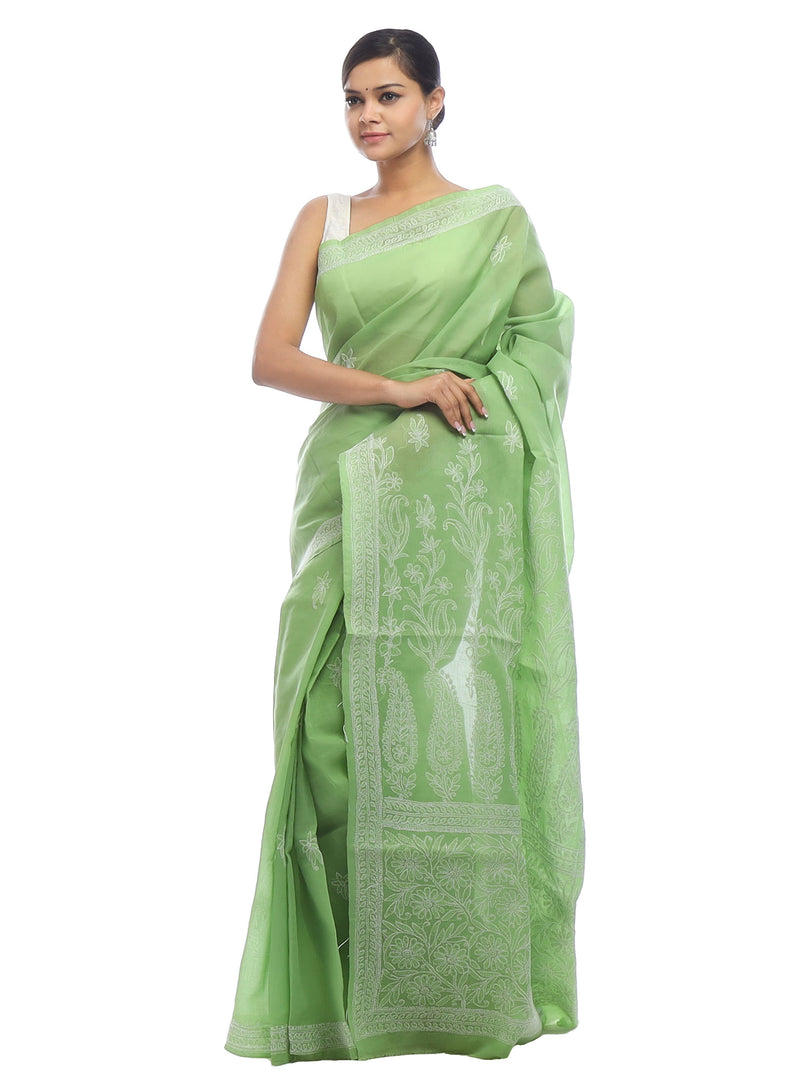 Seva Chikan Hand Embroidered Green Cotton Lucknowi Saree-SCL2326