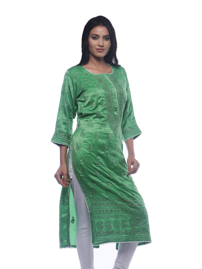 Seva Chikan Hand Embroidered Dark Green Silk Lucknowi Chikan Kurti-SCL0279