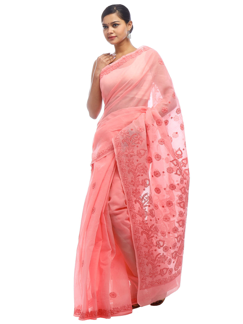 Seva Chikan Hand Embroidered Carrot Pink Cotton Lucknowi Saree-SCL2476