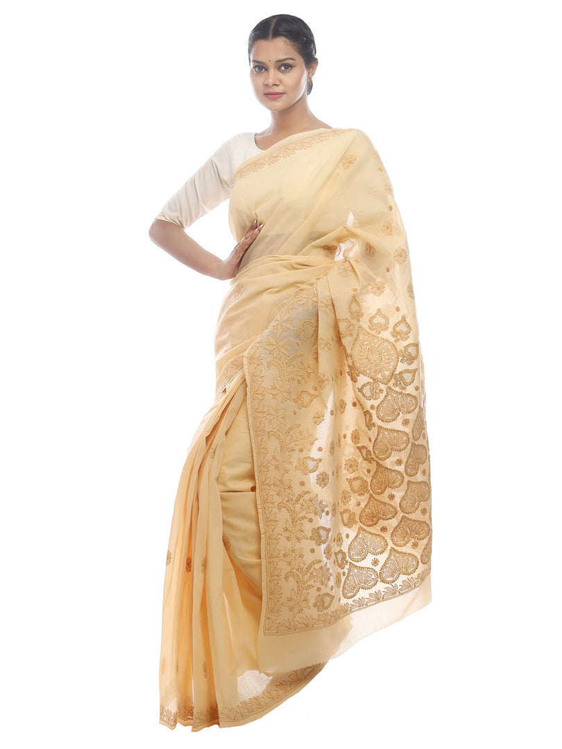 Seva Chikan Hand Embroidered Fawn Cotton Lucknowi Saree -SCL2478