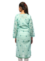 Load image into Gallery viewer, Seva Chikan Hand Embroidered Sea Green Cotton Lucknowi Chikan Kurta-SCL0639