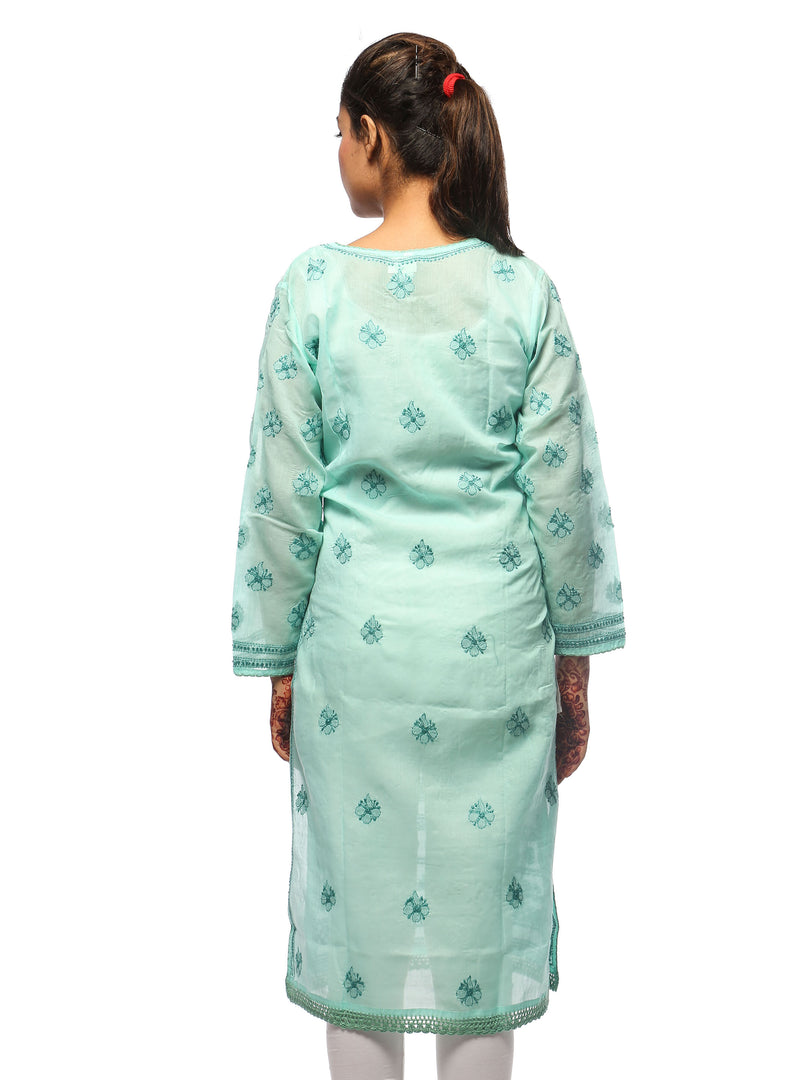 Seva Chikan Hand Embroidered Sea Green Cotton Lucknowi Chikan Kurta-SCL0639