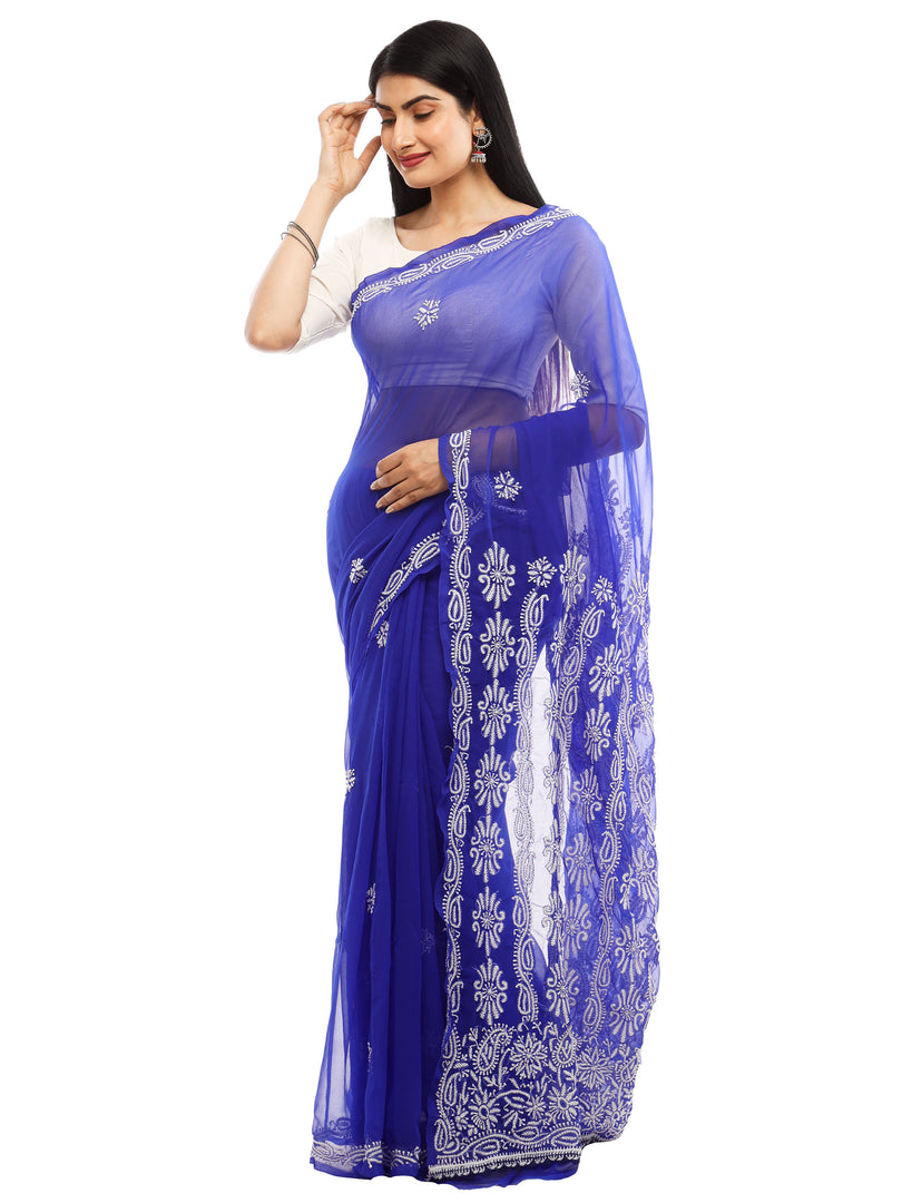 Seva Chikan Hand Embroidered Royal Blue Georgette Lucknowi Saree-SCL2003