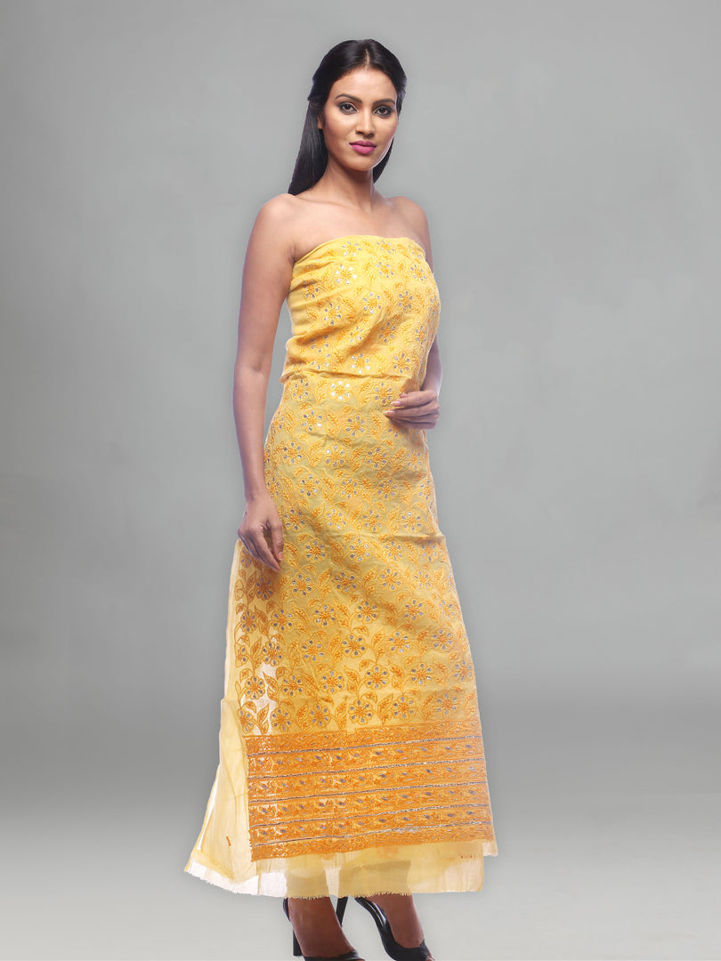 Seva Chikan Hand Embroidered Mango Yellow Cotton Lucknowi Chikan Unstitched Kurta Piece-SCL0083