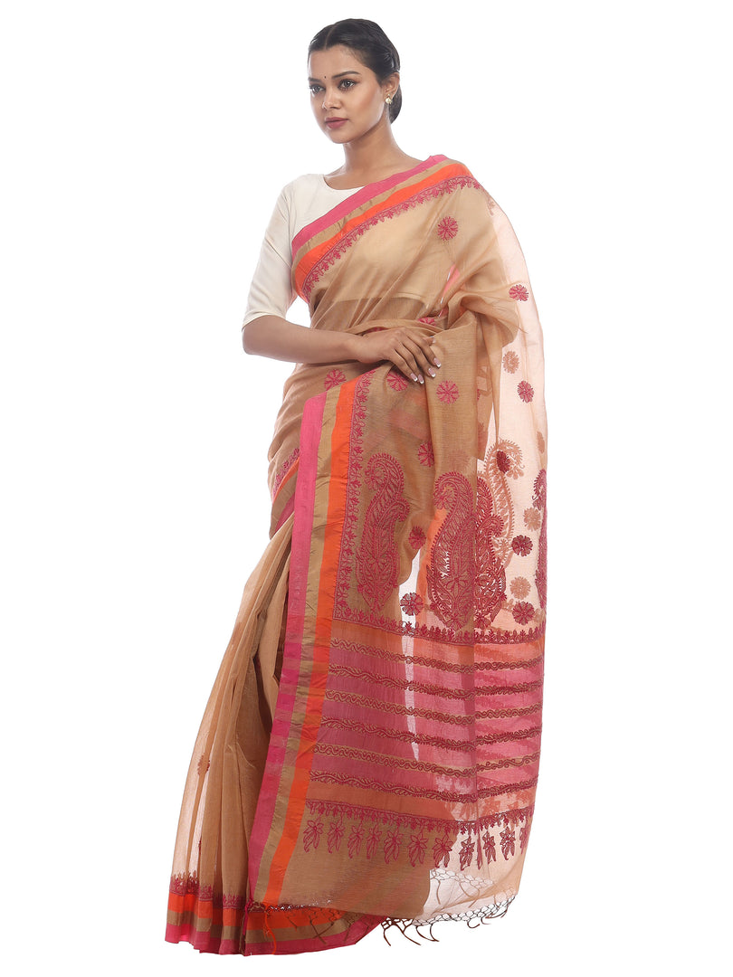Seva Chikan Hand Embroidered Fawn Cotton Lucknowi Saree -SCL2492