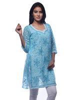 Load image into Gallery viewer, Seva Chikan Hand Embroidered Blue Georgette Lucknowi Chikan Kurti With Slip-SCL0212