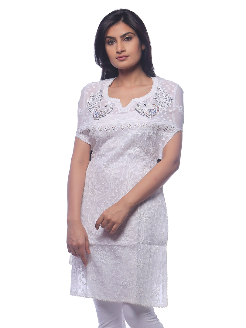 Seva Chikan Hand Embroidered White Cotton Lucknowi Chikan Kurti-SCL0291