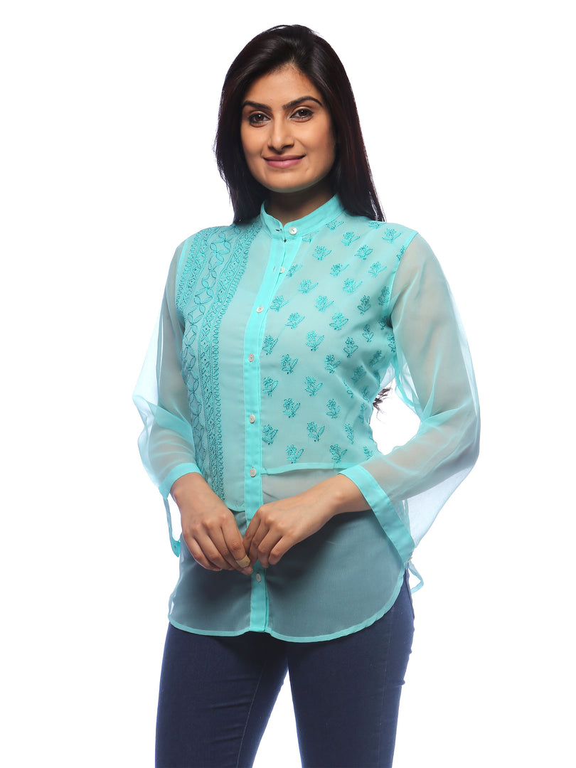 Seva Chikan Hand Embroidered Green Georgette Lucknowi Chikankari Shirt-SCL0514