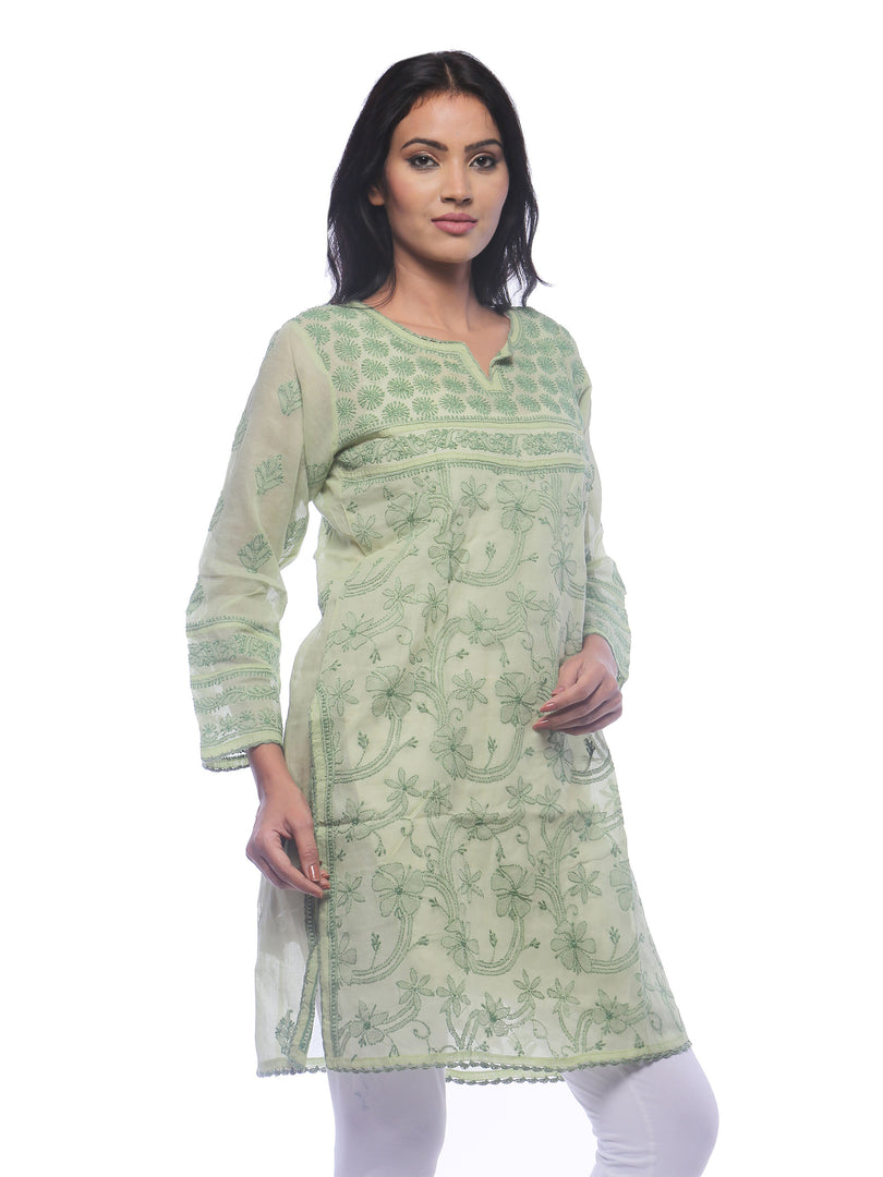 Seva Chikan Hand Embroidered Green Cotton Lucknowi Chikan Kurti-SCL0292