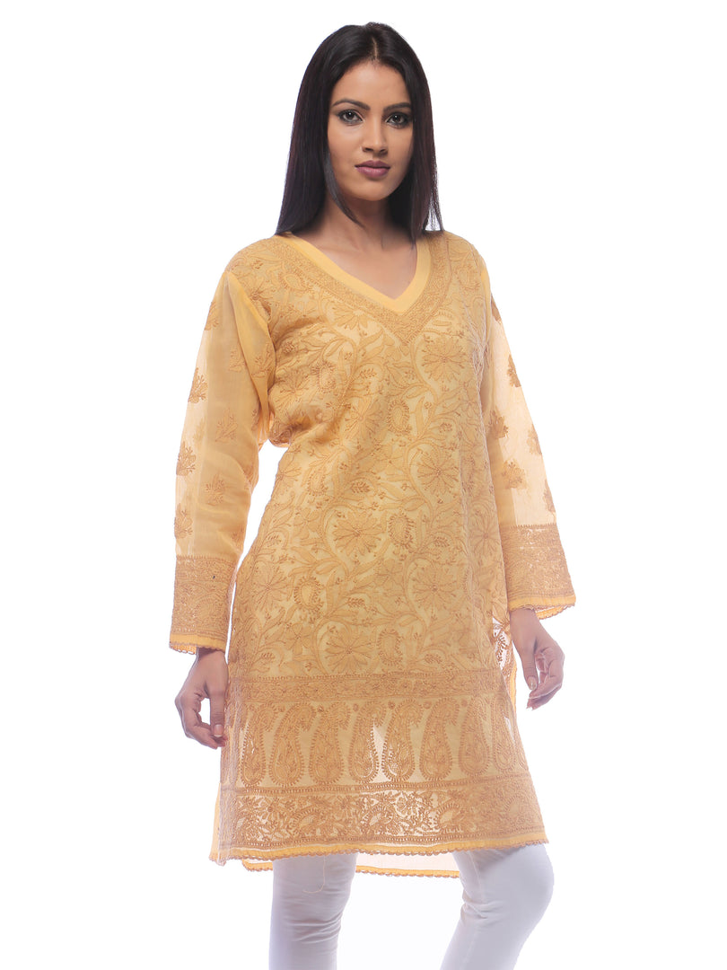 Seva Chikan Hand Embroidered Mustard Cotton Lucknowi Chikan Kurti-SCL0296