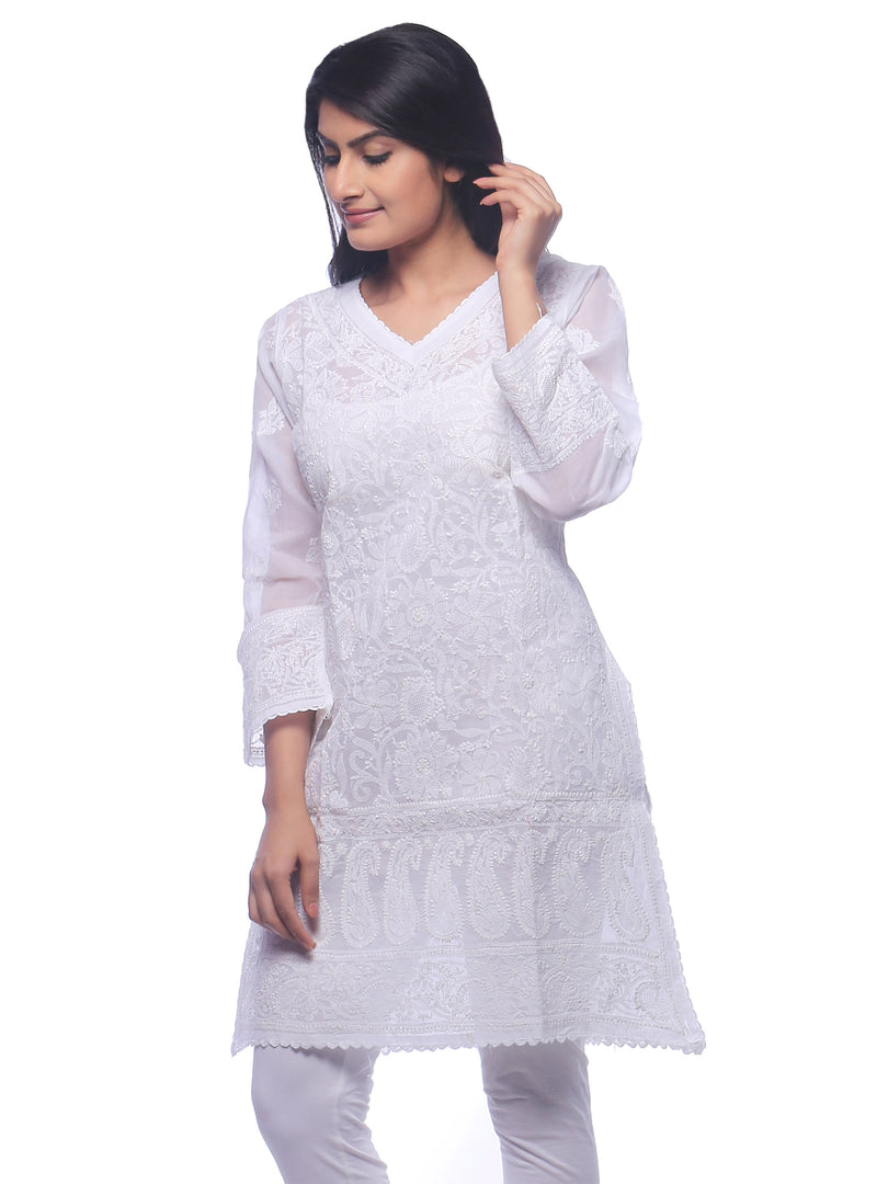 Seva Chikan Hand Embroidered White Cotton Lucknowi Chikan Kurti-SCL0297