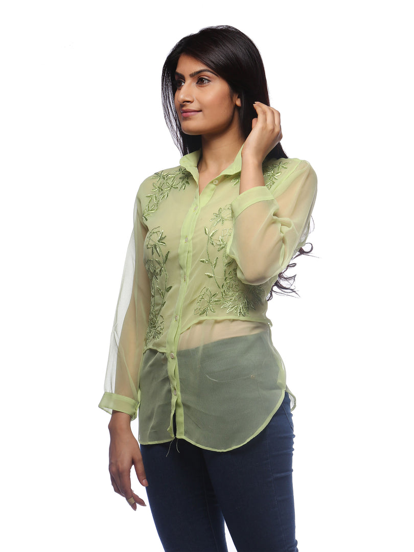 Seva Chikan Hand Embroidered Green Georgette Lucknowi Chikankari Shirt-SCL0515