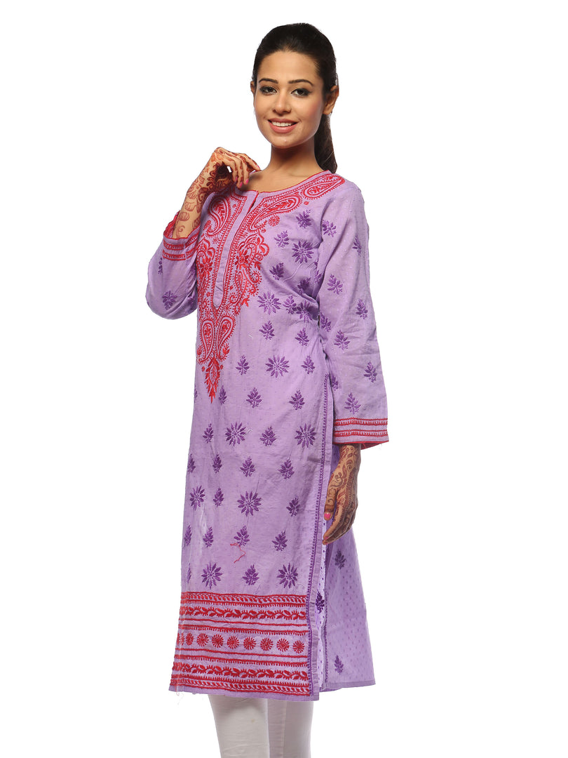 Seva Chikan Hand Embroidered Purple Cotton Lucknowi Chikan Kurti-SCL0622