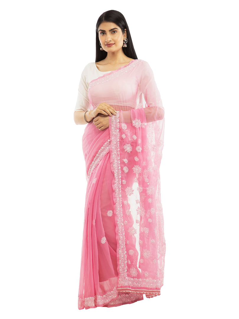Seva Chikan Hand Embroidered Pink Georgette Lucknowi Saree-SCL1985