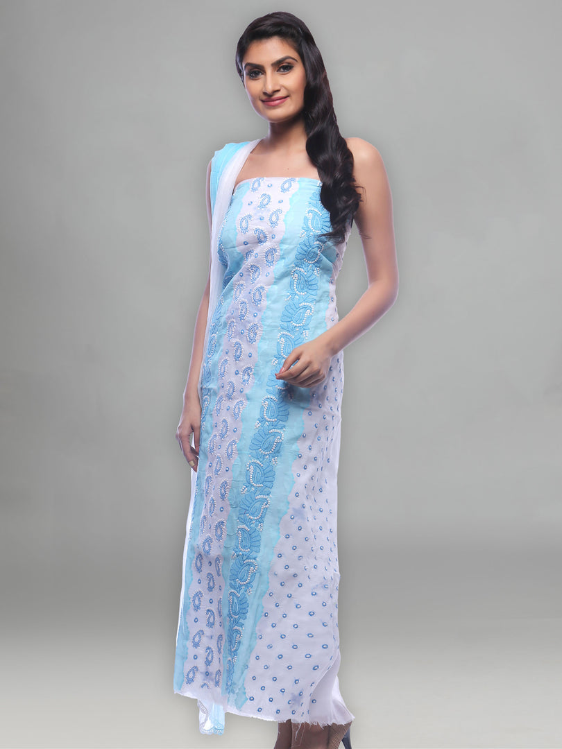 Seva Chikan Hand Embroidered White/Blue Cotton Lucknowi Chikankari Unstitched Suit Piece -SCL0015